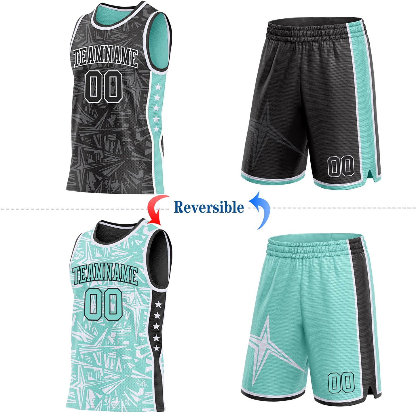 Custom Black White-Ice Blue Side Panel Stripe Stars Geometric Shatter Starburst Reversible Double Side Sublimation Basketball Set Jersey