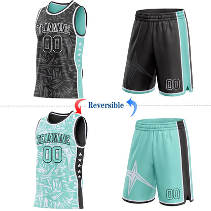 Custom Black White-Ice Blue Side Panel Stripe Stars Geometric Shatter Starburst Reversible Double Side Sublimation Basketball Set Jersey