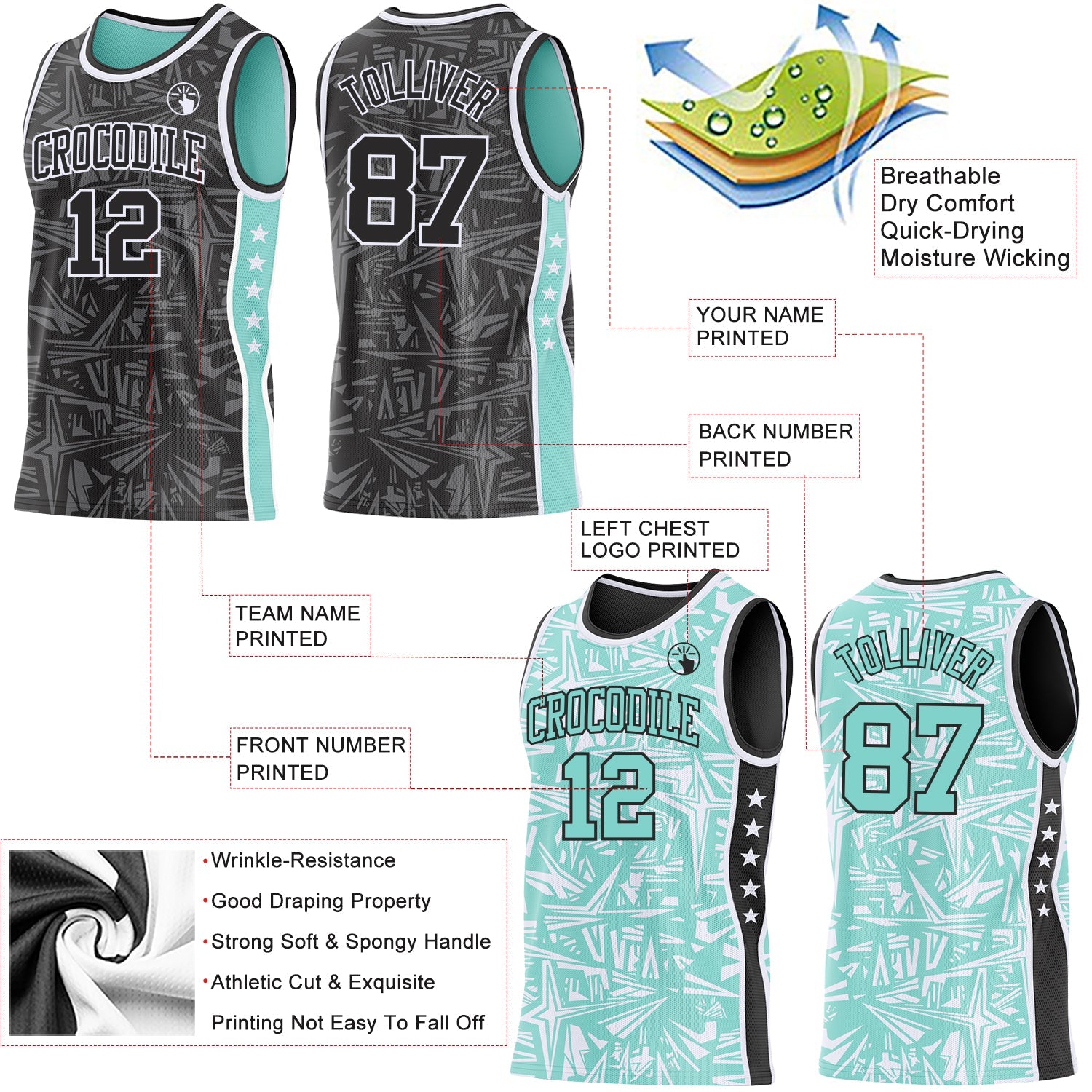 Custom Black White-Ice Blue Side Panel Stripe Stars Geometric Shatter Starburst Reversible Double Side Sublimation Basketball Set Jersey