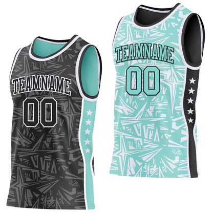 Custom Black White-Ice Blue Side Panel Stripe Stars Geometric Shatter Starburst Reversible Double Side Sublimation Basketball Set Jersey