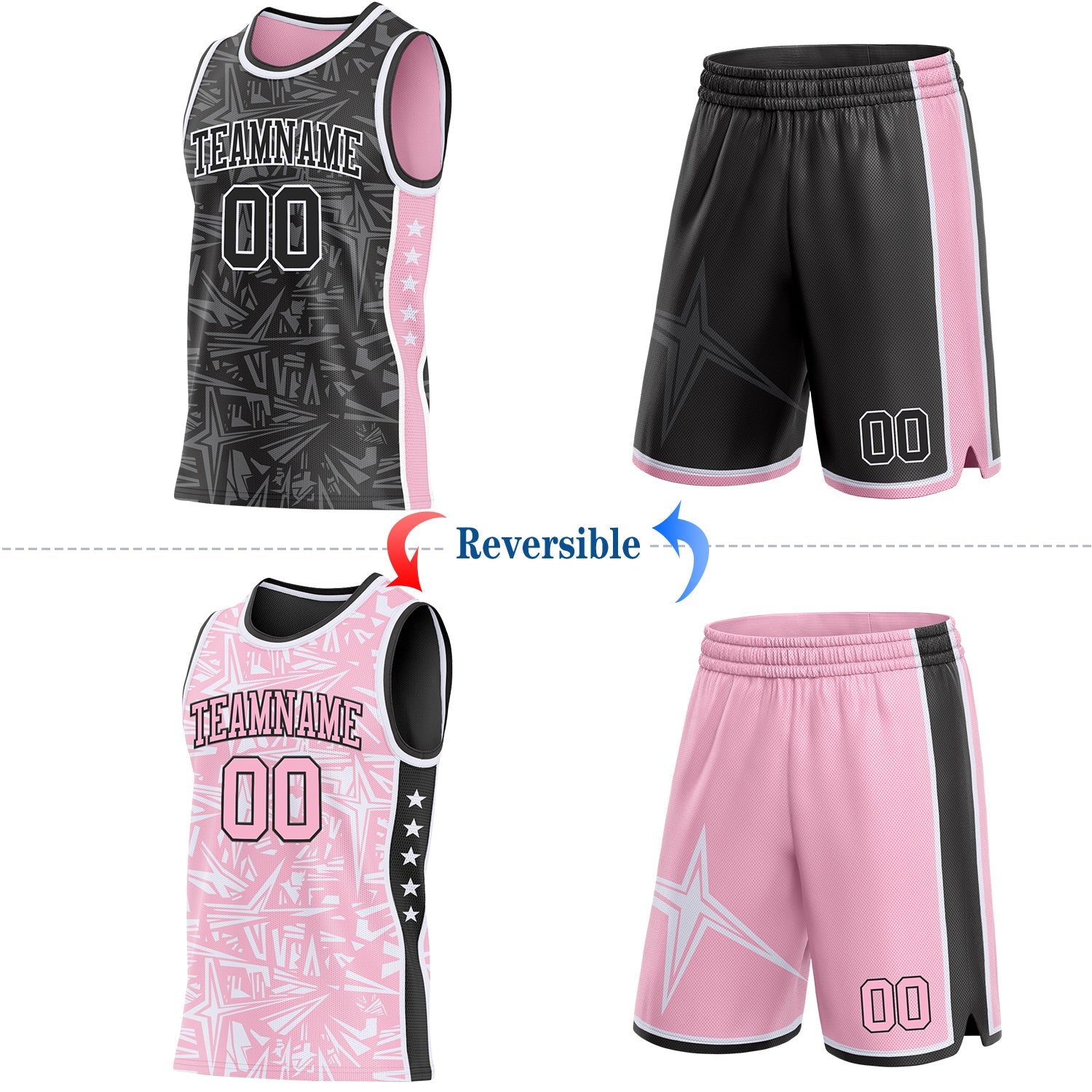 Custom Black White-Light Pink Side Panel Stripe Stars Geometric Shatter Starburst Reversible Double Side Sublimation Basketball Set Jersey