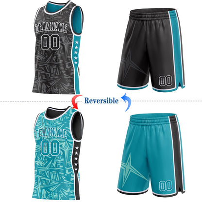 Custom Black White-Teal Side Panel Stripe Stars Geometric Shatter Starburst Reversible Double Side Sublimation Basketball Set Jersey