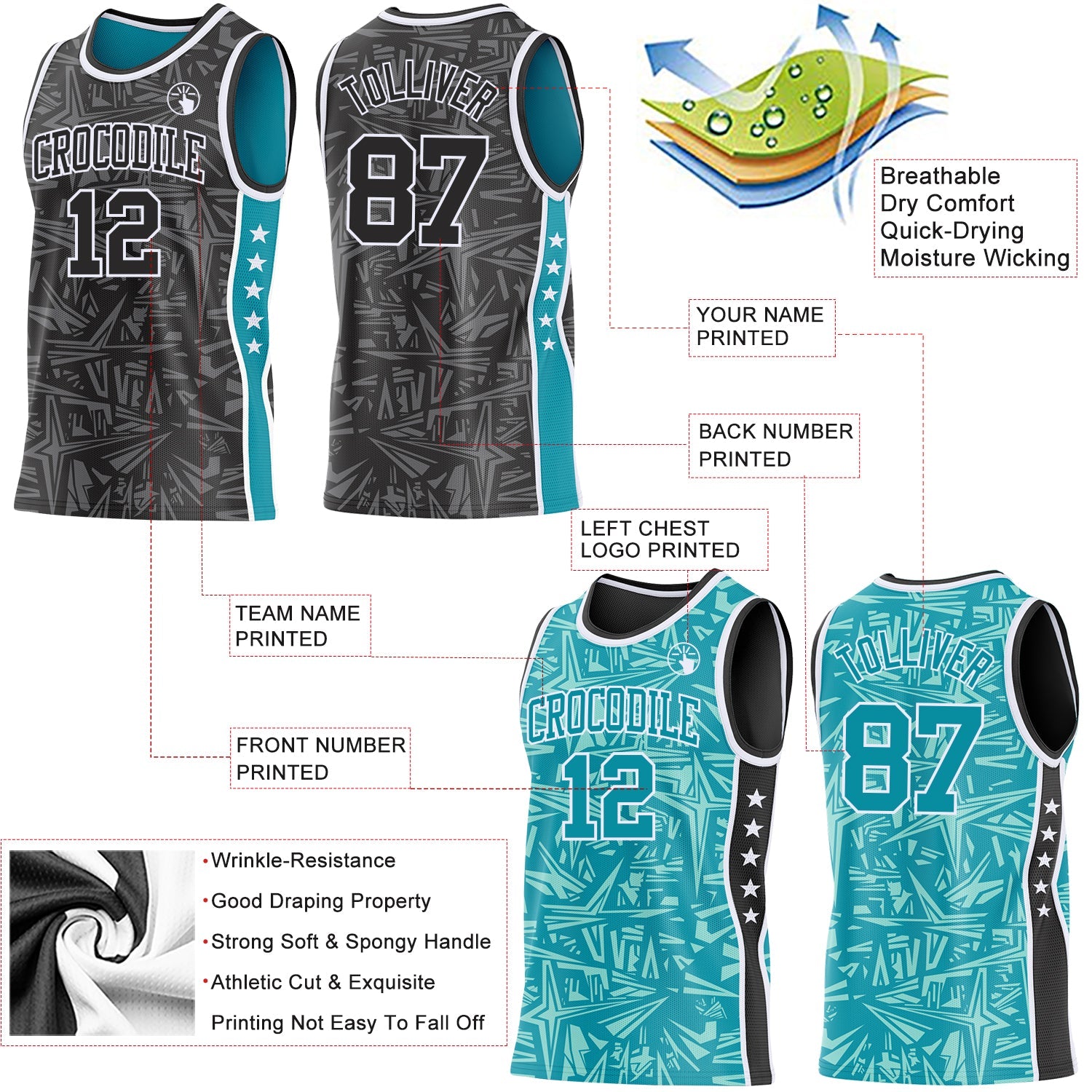 Custom Black White-Teal Side Panel Stripe Stars Geometric Shatter Starburst Reversible Double Side Sublimation Basketball Set Jersey