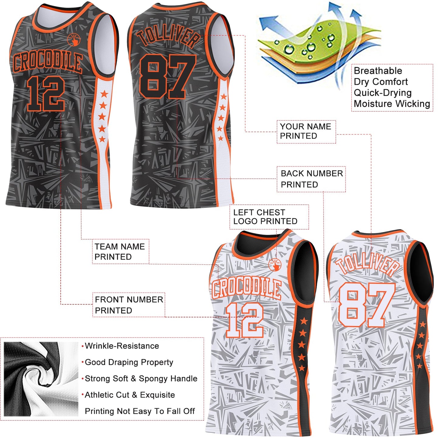 Custom Black Orange-White Side Panel Stripe Stars Geometric Shatter Starburst Reversible Double Side Sublimation Basketball Set Jersey