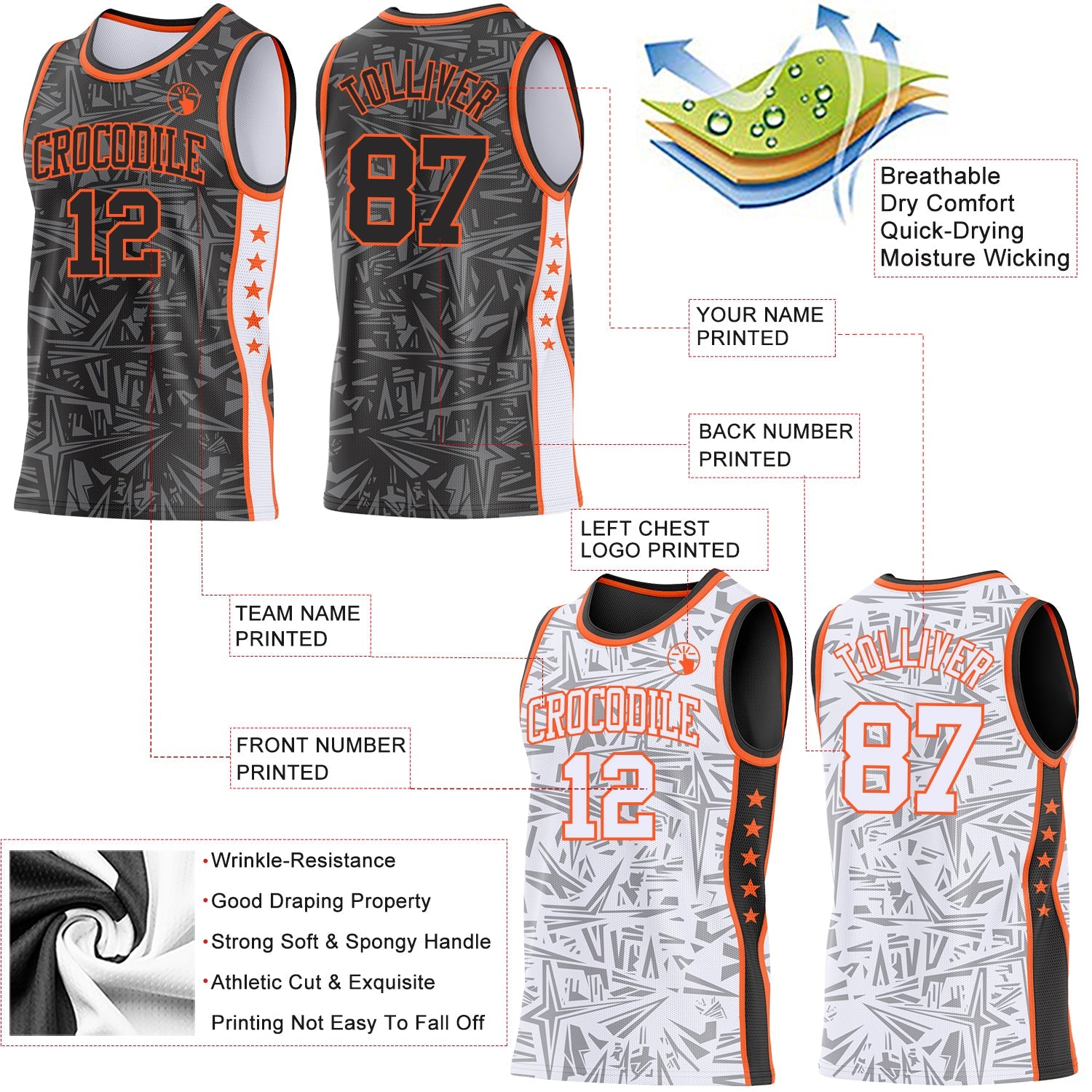 Custom Black Orange-White Side Panel Stripe Stars Geometric Shatter Starburst Reversible Double Side Sublimation Basketball Set Jersey