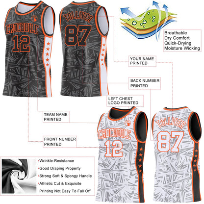 Custom Black Orange-White Side Panel Stripe Stars Geometric Shatter Starburst Reversible Double Side Sublimation Basketball Set Jersey