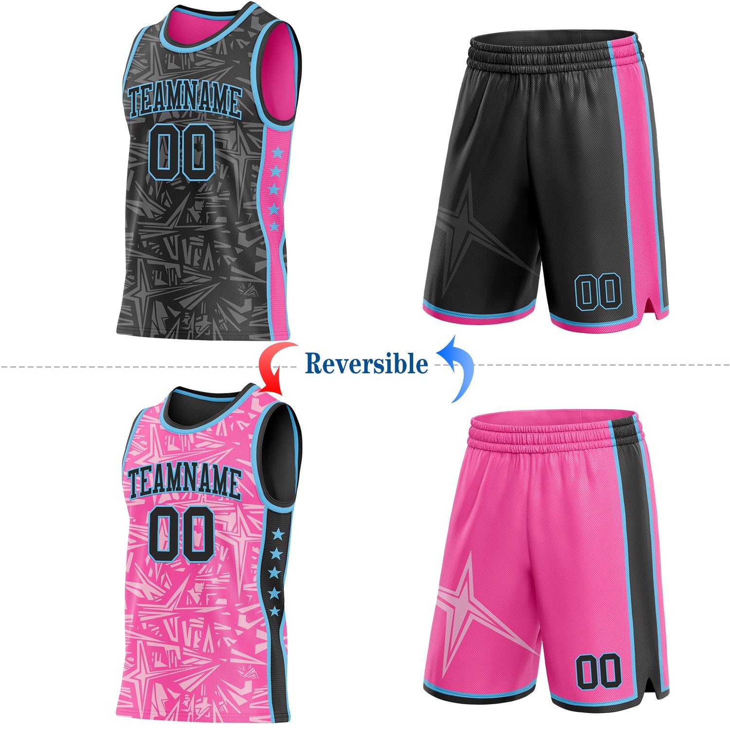 Custom Black Sky Blue-Pink Side Panel Stripe Stars Geometric Shatter Starburst Reversible Double Side Sublimation Basketball Set Jersey