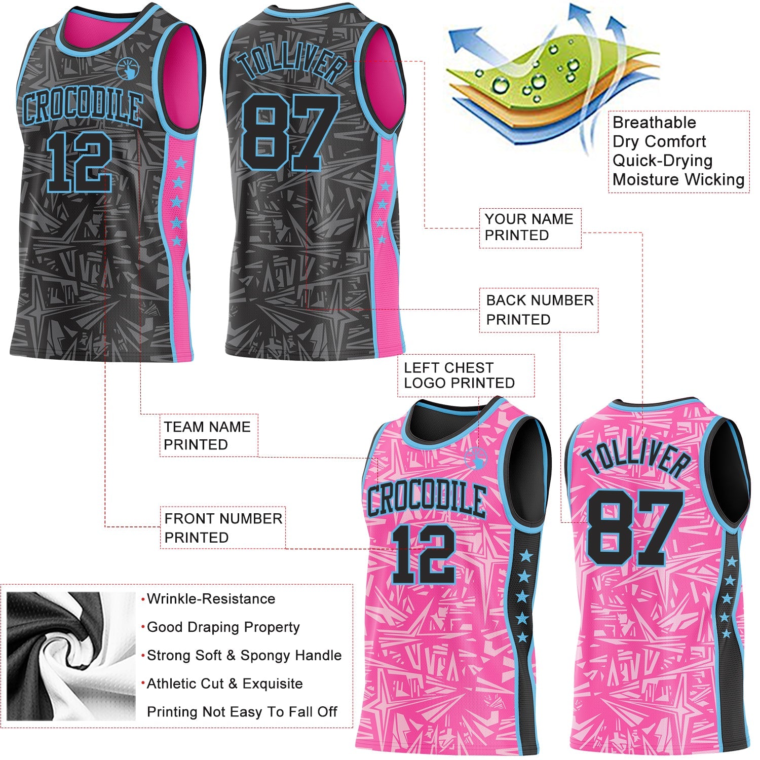 Custom Black Sky Blue-Pink Side Panel Stripe Stars Geometric Shatter Starburst Reversible Double Side Sublimation Basketball Set Jersey