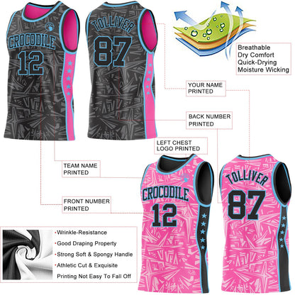 Custom Black Sky Blue-Pink Side Panel Stripe Stars Geometric Shatter Starburst Reversible Double Side Sublimation Basketball Set Jersey