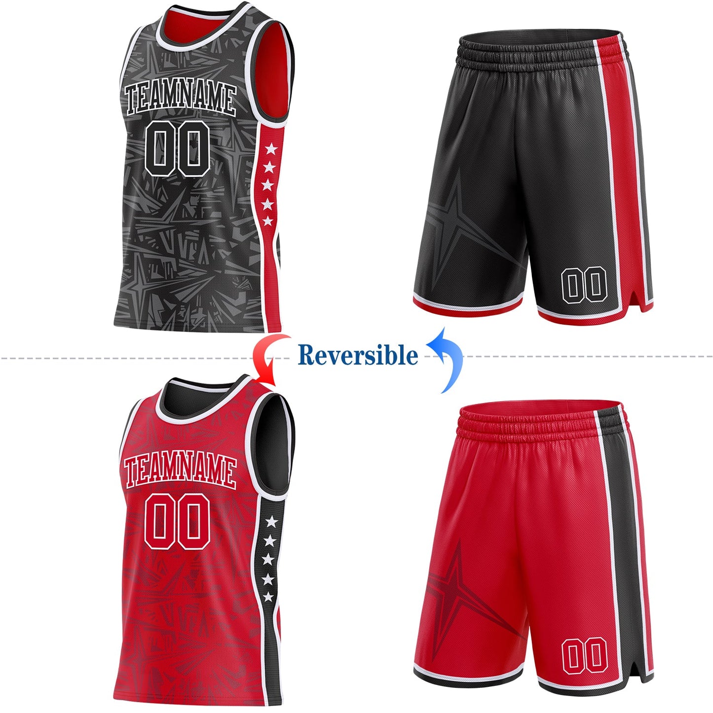 Custom Black White-Red Side Panel Stripe Stars Geometric Shatter Starburst Reversible Double Side Sublimation Basketball Set Jersey