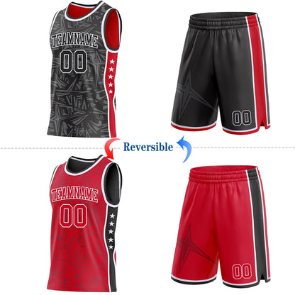 Custom Black White-Red Side Panel Stripe Stars Geometric Shatter Starburst Reversible Double Side Sublimation Basketball Set Jersey