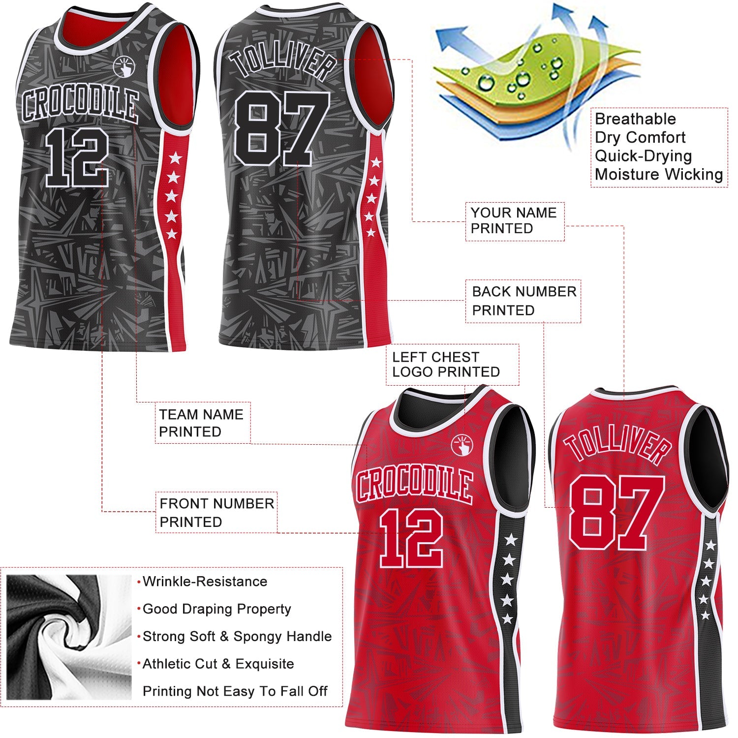 Custom Black White-Red Side Panel Stripe Stars Geometric Shatter Starburst Reversible Double Side Sublimation Basketball Set Jersey
