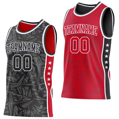 Custom Black White-Red Side Panel Stripe Stars Geometric Shatter Starburst Reversible Double Side Sublimation Basketball Set Jersey
