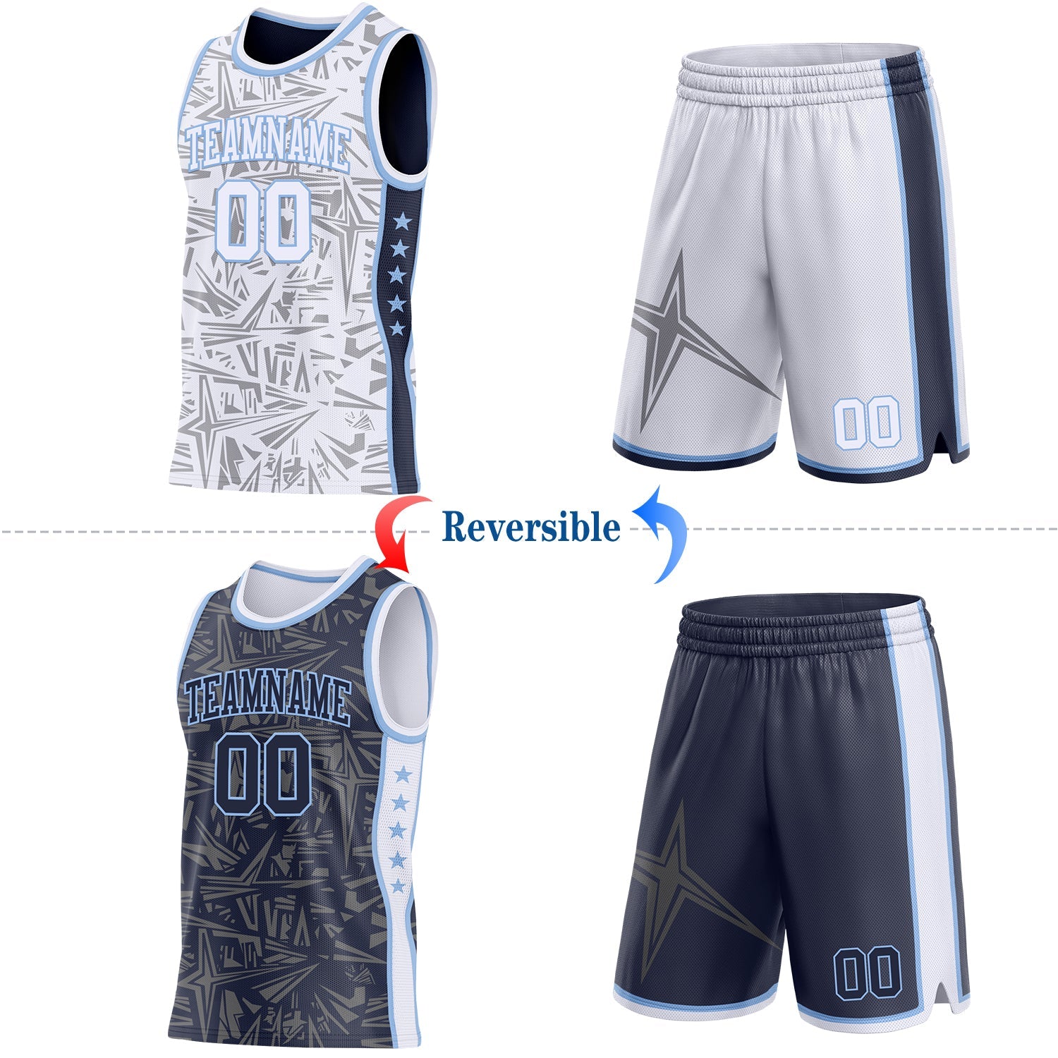 Custom White Light Blue-Navy Side Panel Stripe Stars Geometric Shatter Starburst Reversible Double Side Sublimation Basketball Set Jersey
