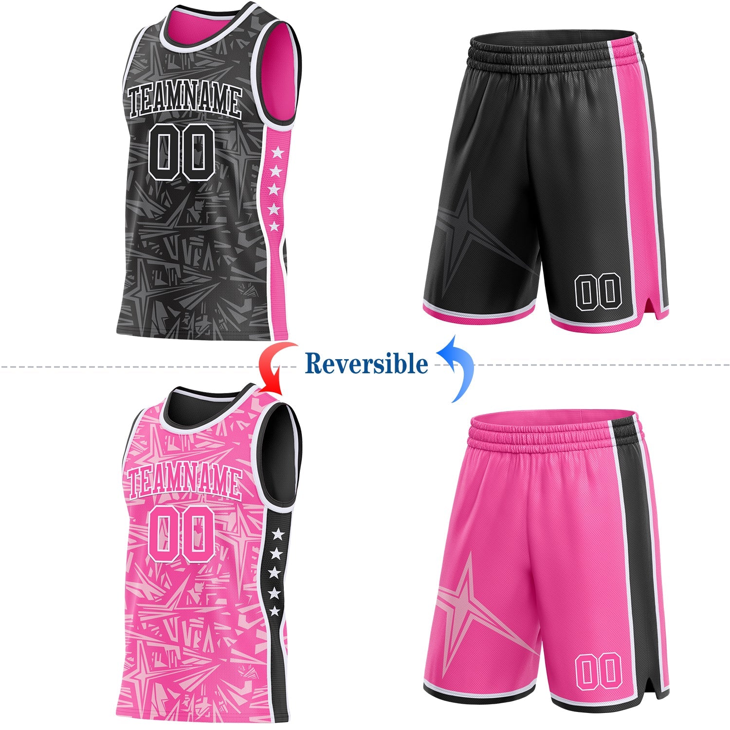 Custom Black White-Pink Side Panel Stripe Stars Geometric Shatter Starburst Reversible Double Side Sublimation Basketball Set Jersey
