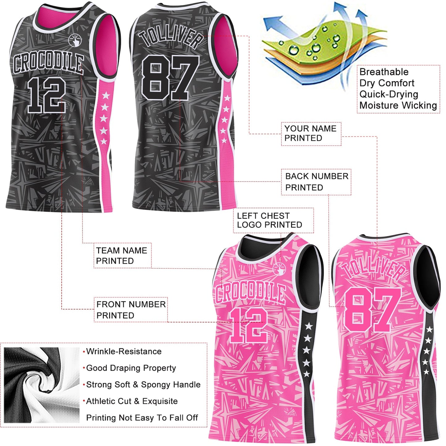 Custom Black White-Pink Side Panel Stripe Stars Geometric Shatter Starburst Reversible Double Side Sublimation Basketball Set Jersey