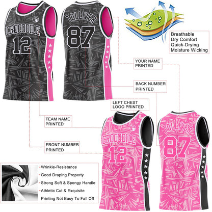 Custom Black White-Pink Side Panel Stripe Stars Geometric Shatter Starburst Reversible Double Side Sublimation Basketball Set Jersey