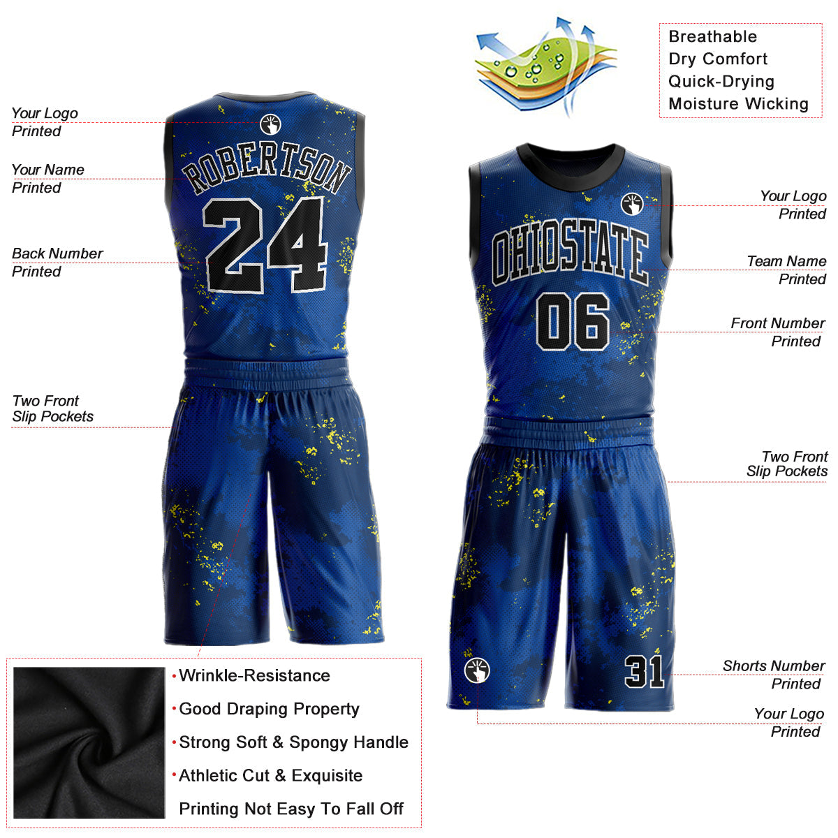 Custom Royal Black-Gold Round Neck Sublimation Basketball Uniform Jersey
