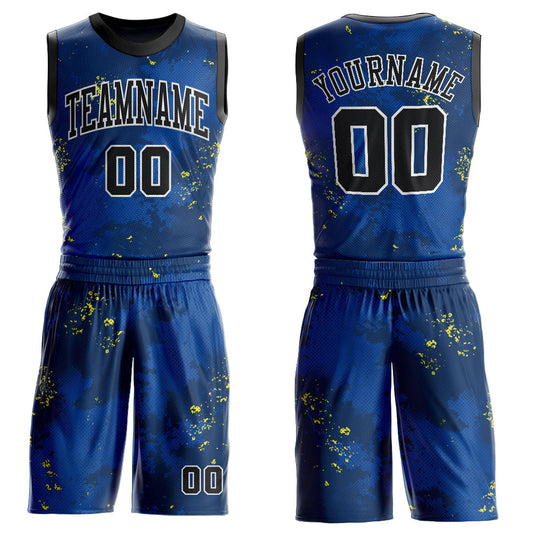 Custom Royal Black-Gold Round Neck Sublimation Basketball Uniform Jersey