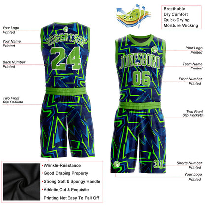 Custom Royal Neon Green-White Music Festival Round Neck Sublimation Basketball Uniform Jersey
