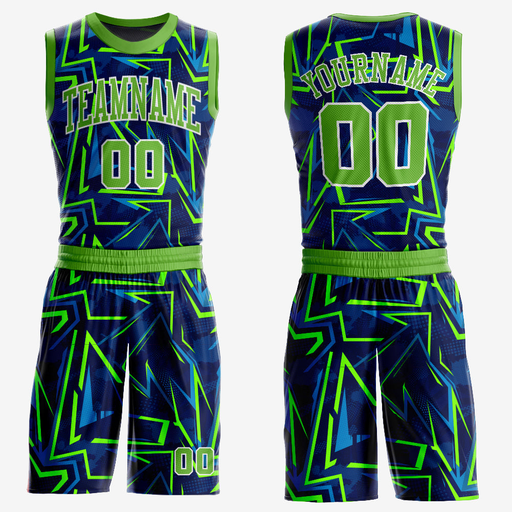 Custom Royal Neon Green-White Music Festival Round Neck Sublimation Basketball Uniform Jersey