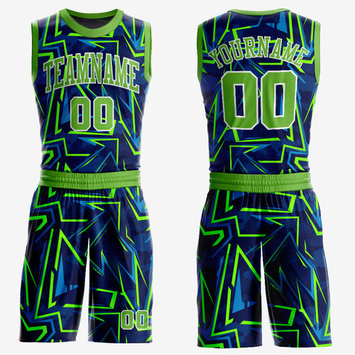 Custom Royal Neon Green-White Music Festival Round Neck Sublimation Basketball Uniform Jersey