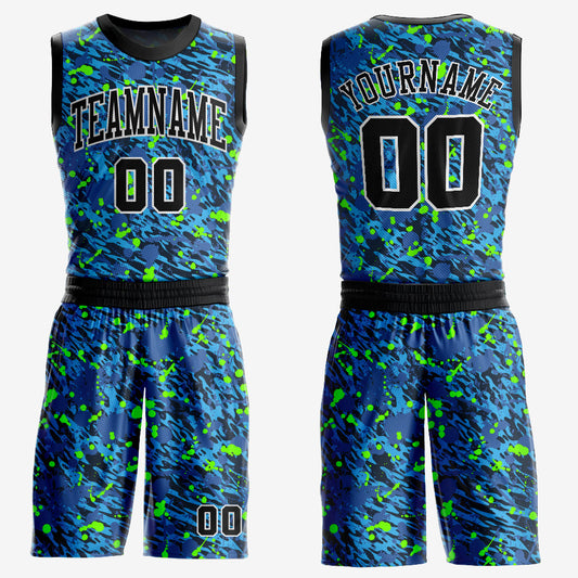 Custom Royal Black-Neon Green Music Festival Round Neck Sublimation Basketball Uniform Jersey