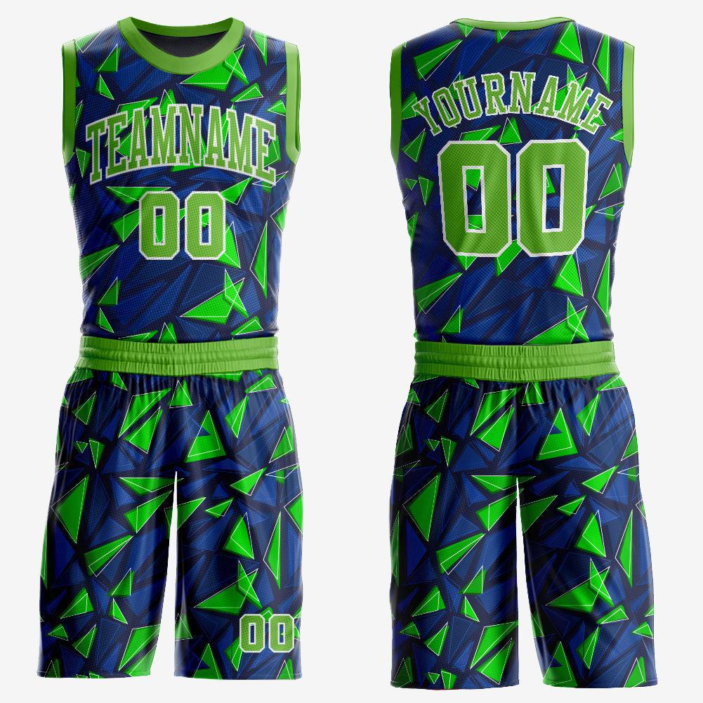 Custom Royal Neon Green-White Round Neck Sublimation Basketball Uniform Jersey