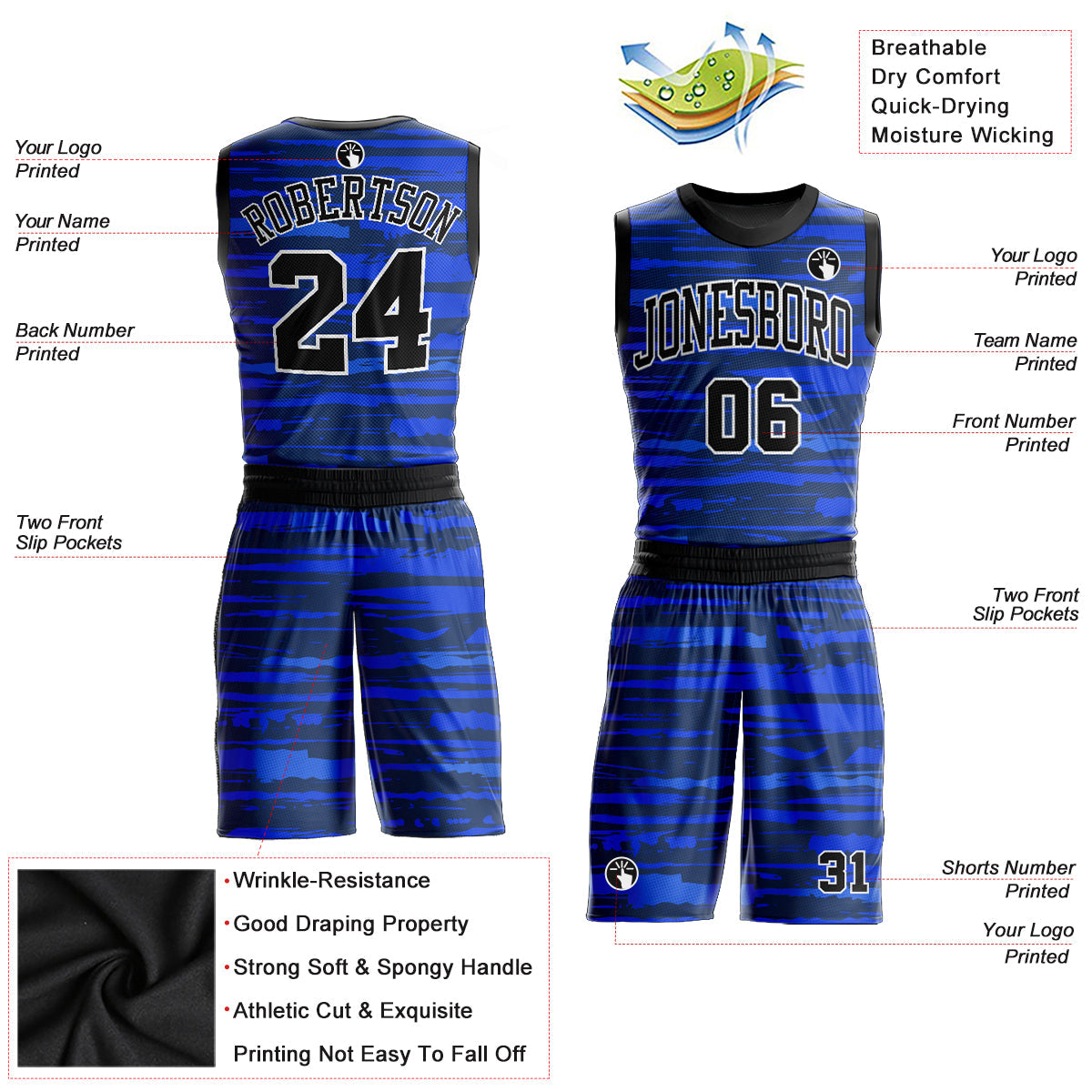 Custom Royal Black-White Round Neck Sublimation Basketball Uniform Jersey