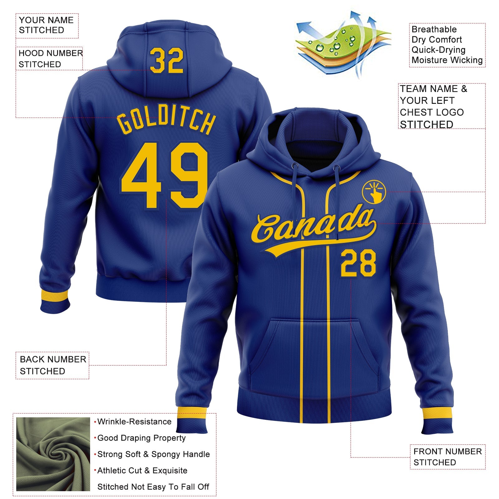 Custom Stitched Royal Yellow-Royal Baseball Pullover Sweatshirt Hoodie