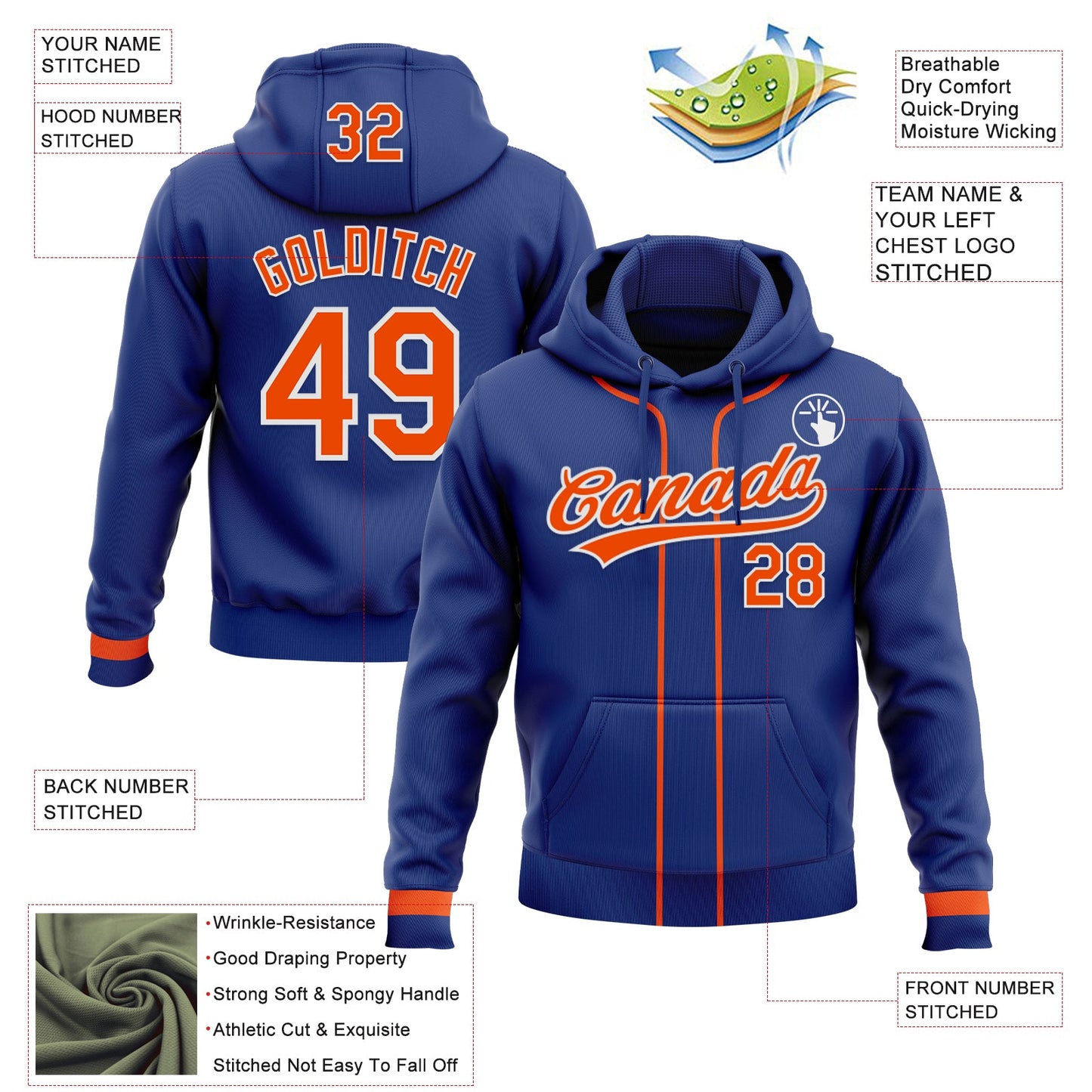 Custom Stitched Royal Orange-White Baseball Pullover Sweatshirt Hoodie