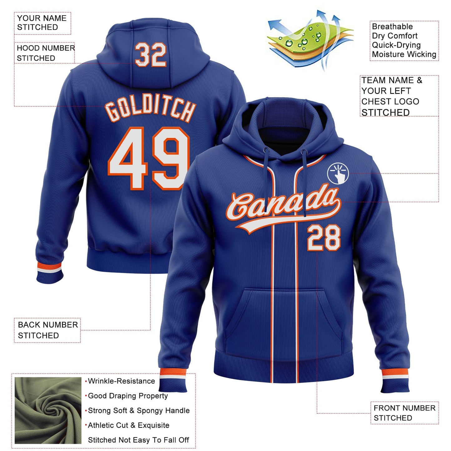 Custom Stitched Royal White-Orange Baseball Pullover Sweatshirt Hoodie