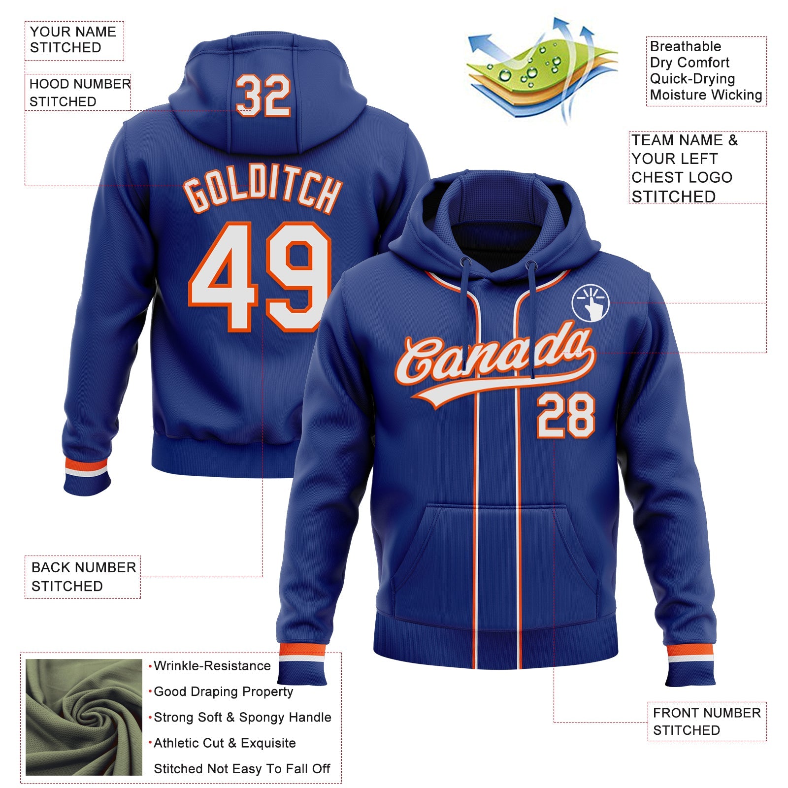 Custom Stitched Royal White-Orange Baseball Pullover Sweatshirt Hoodie