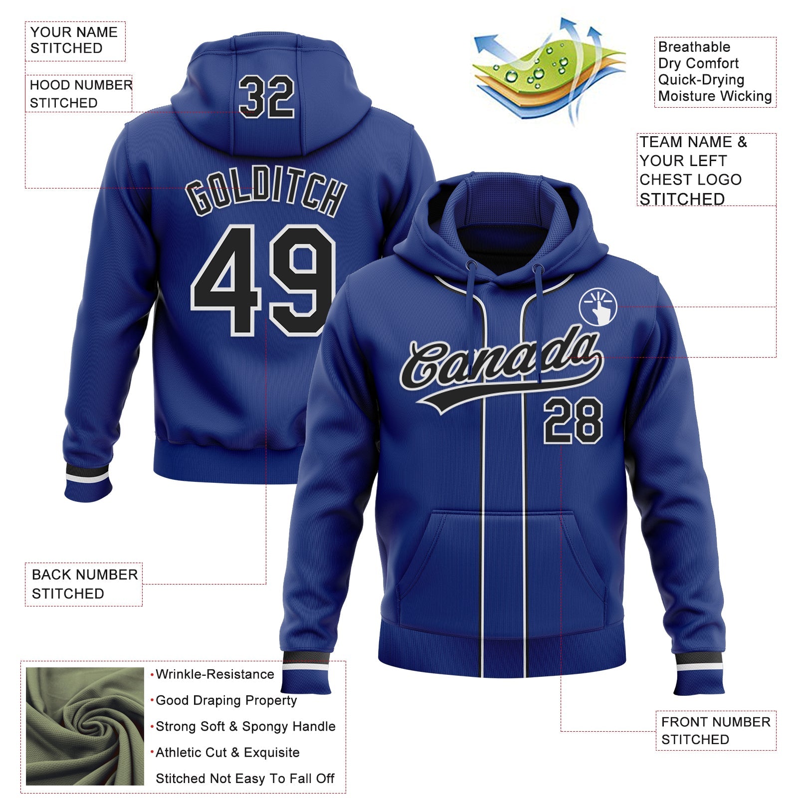 Custom Stitched Royal Black-White Baseball Pullover Sweatshirt Hoodie
