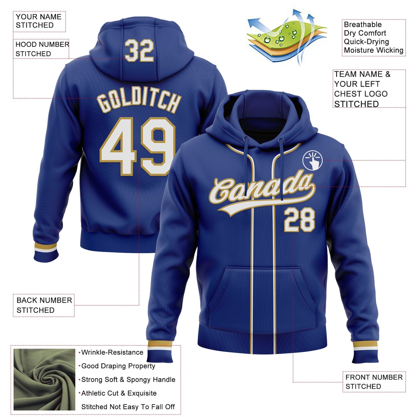 Custom Stitched Royal White-Old Gold Baseball Pullover Sweatshirt Hoodie