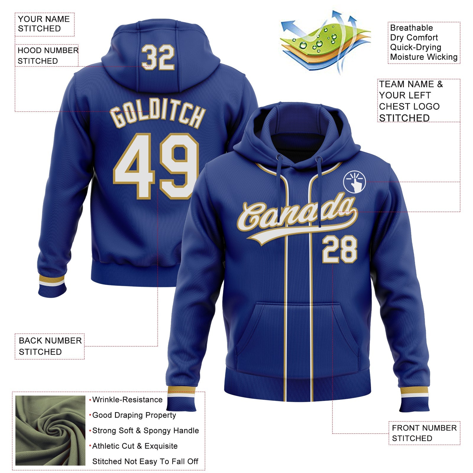 Custom Stitched Royal White-Old Gold Baseball Pullover Sweatshirt Hoodie