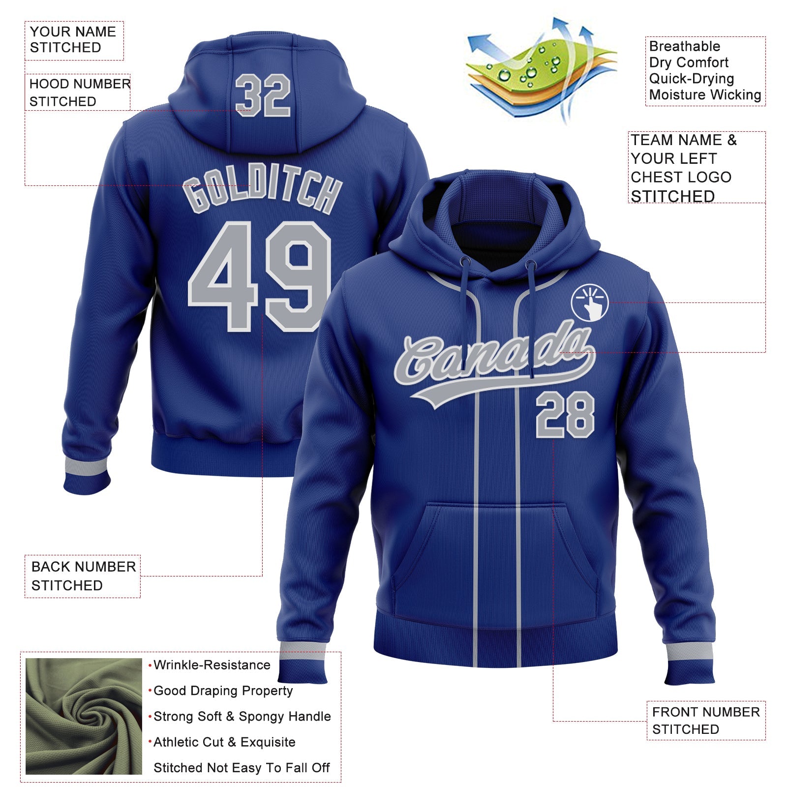 Custom Stitched Royal Gray-White Baseball Pullover Sweatshirt Hoodie