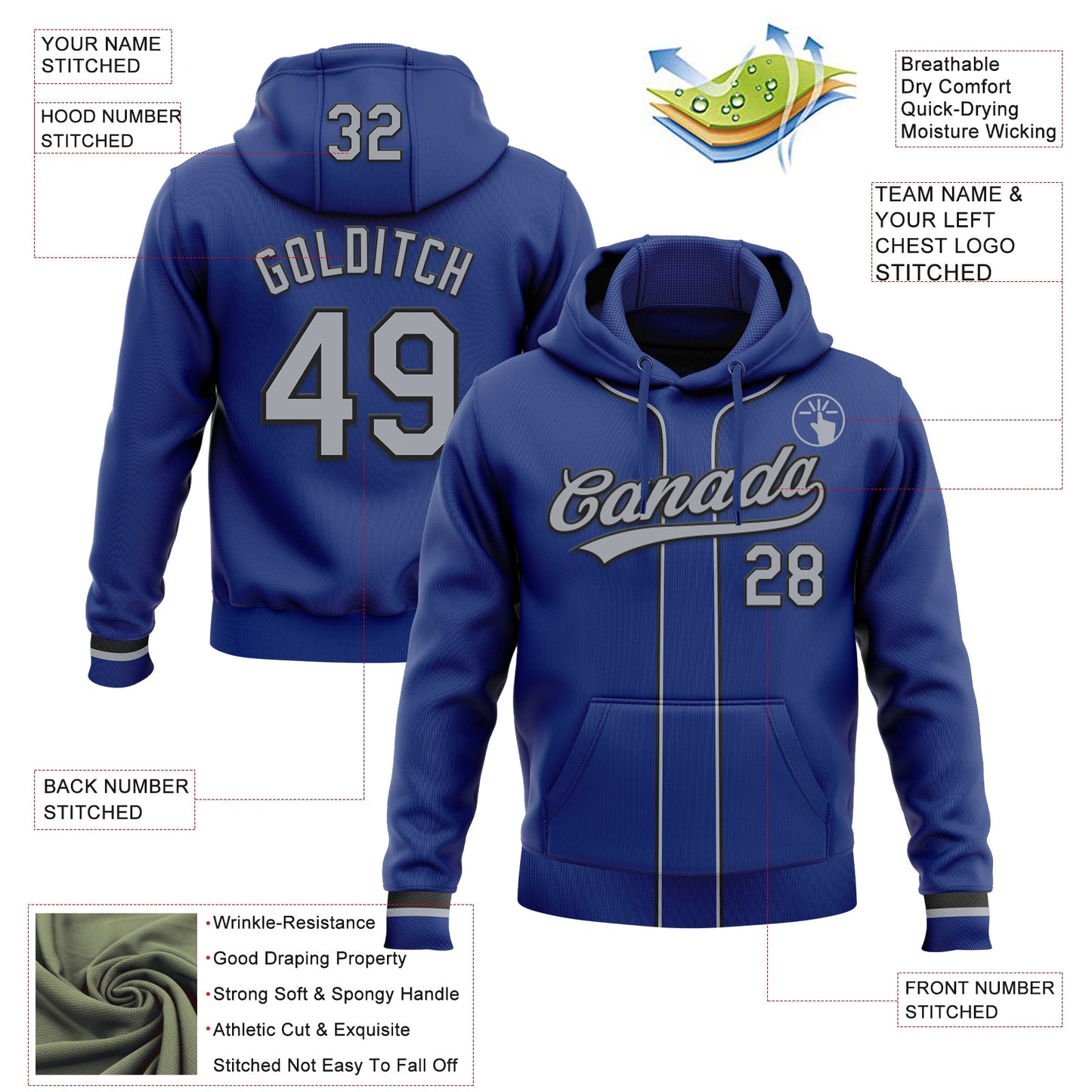 Custom Stitched Royal Gray-Black Baseball Pullover Sweatshirt Hoodie