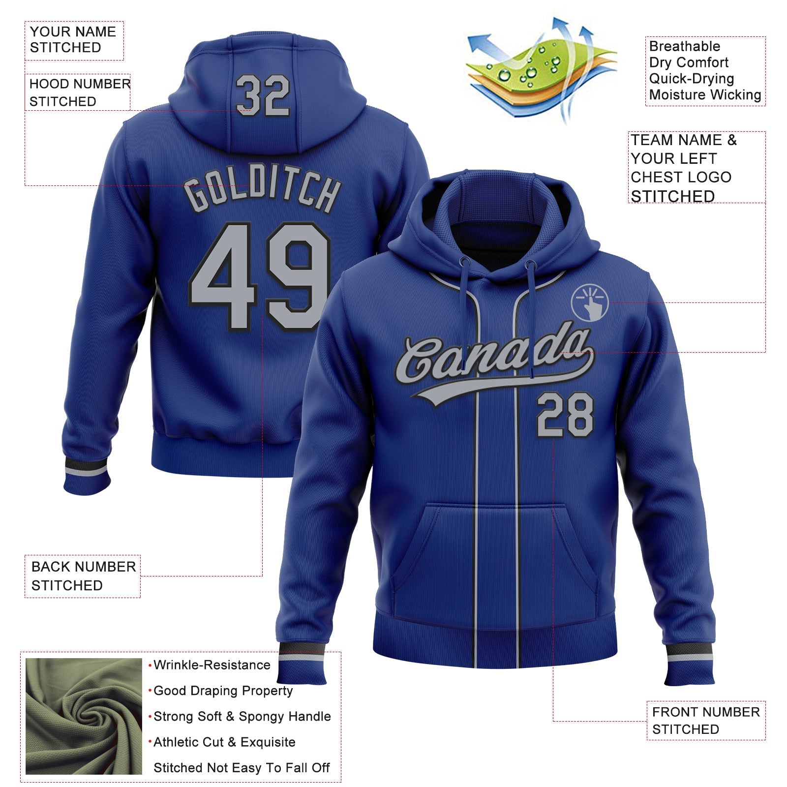 Custom Stitched Royal Gray-Black Baseball Pullover Sweatshirt Hoodie