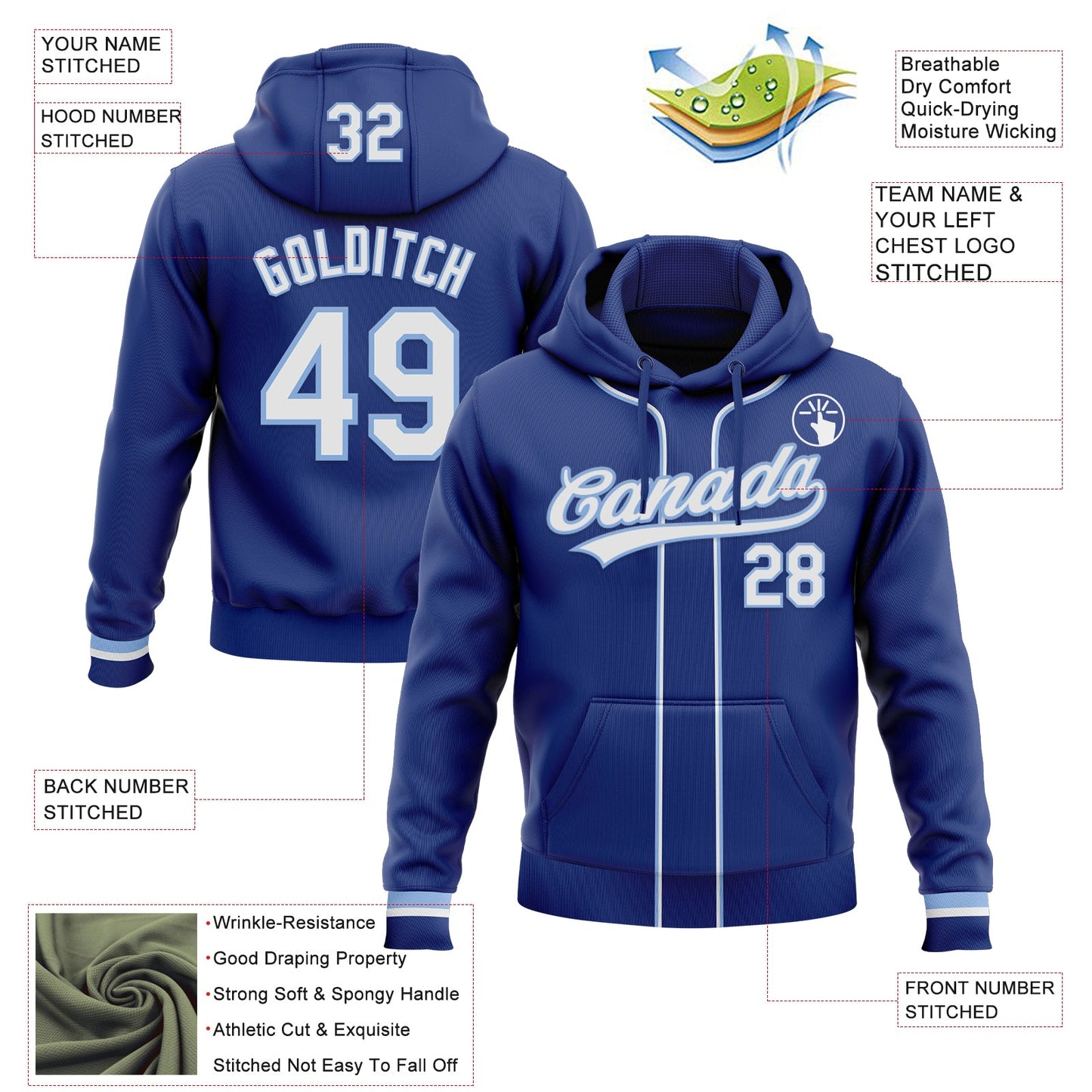 Custom Stitched Royal White-Light Blue Baseball Pullover Sweatshirt Hoodie