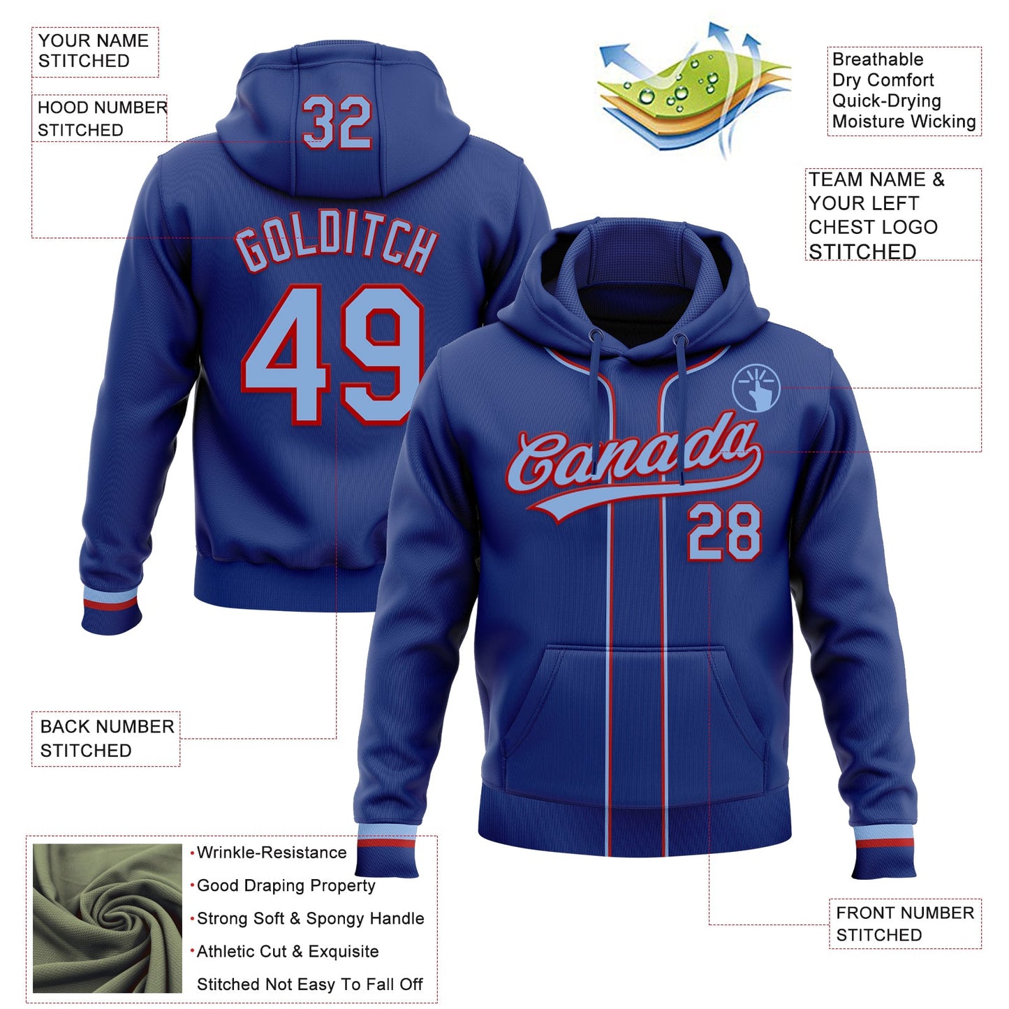 Custom Stitched Royal Light Blue-Red Baseball Pullover Sweatshirt Hoodie