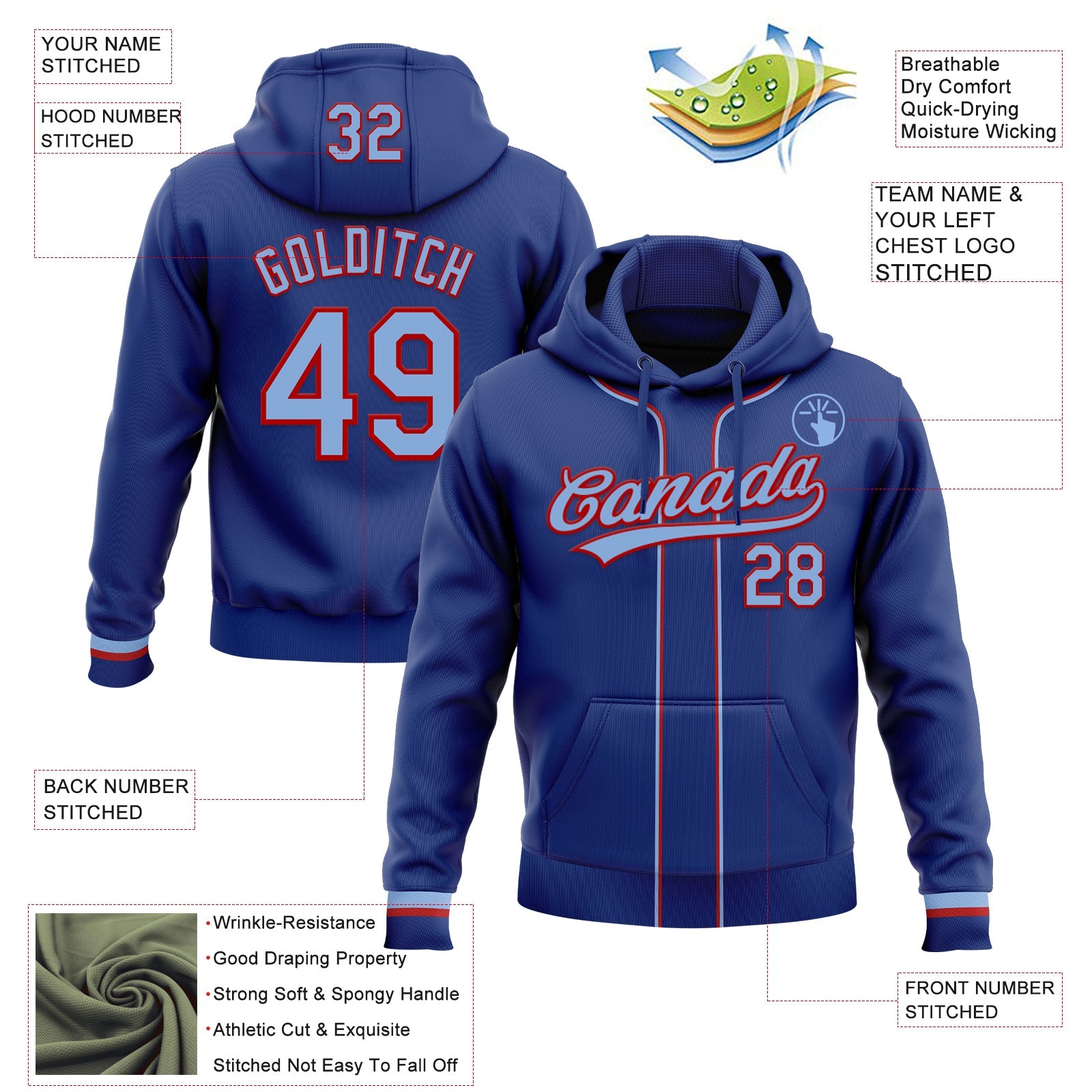 Custom Stitched Royal Light Blue-Red Baseball Pullover Sweatshirt Hoodie
