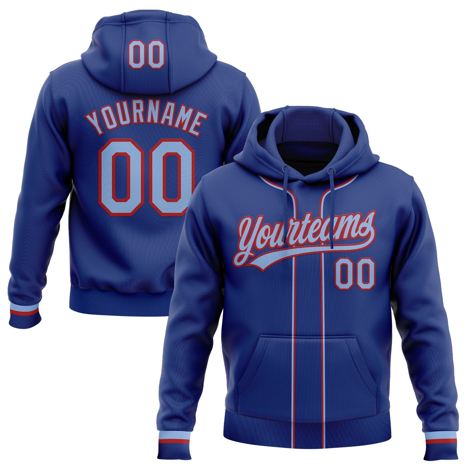 Custom Stitched Royal Light Blue-Red Baseball Pullover Sweatshirt Hoodie