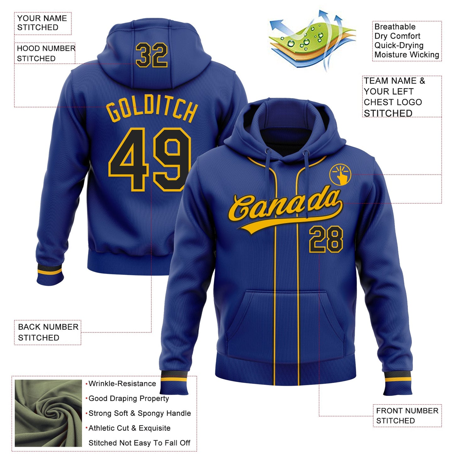 Custom Stitched Royal Black-Gold Baseball Pullover Sweatshirt Hoodie