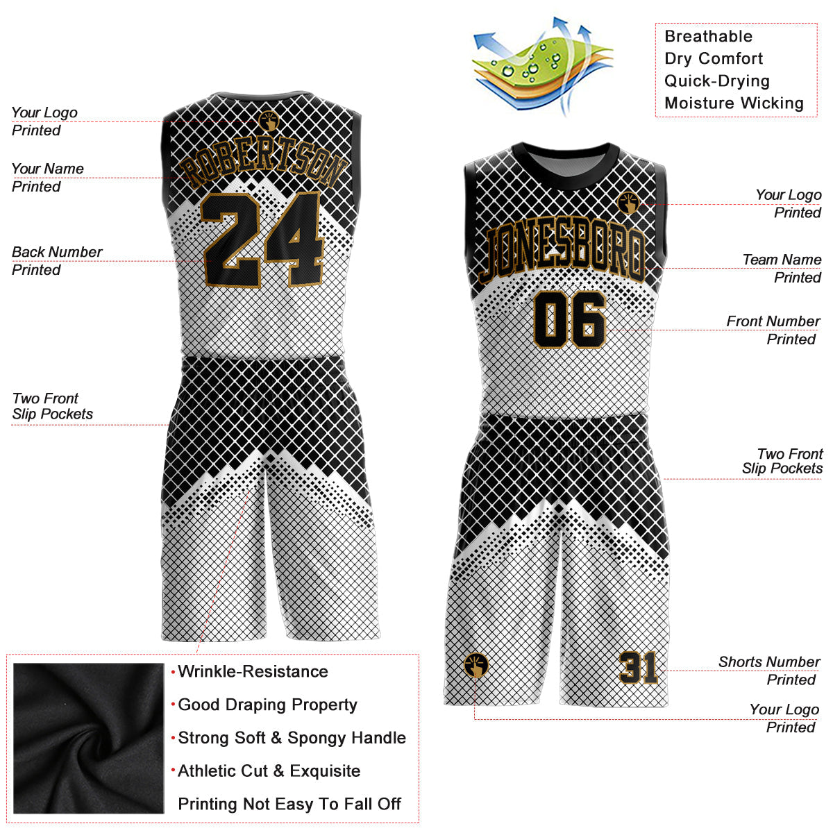 Custom Gray Black-Old Gold Round Neck Sublimation Basketball Uniform Jersey