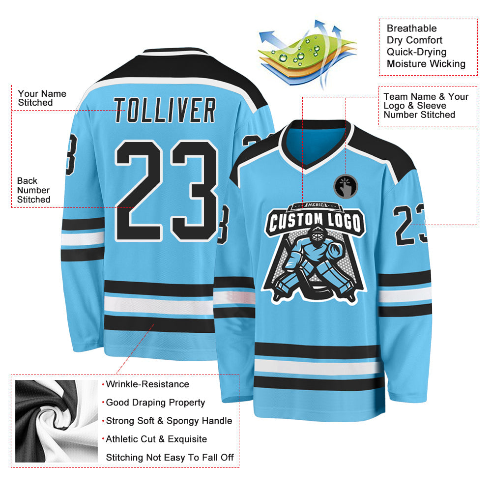 Custom Sky Blue Black-White Hockey Jersey