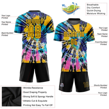 Custom Tie Dye Gold-Black Sublimation Soccer Uniform Jersey