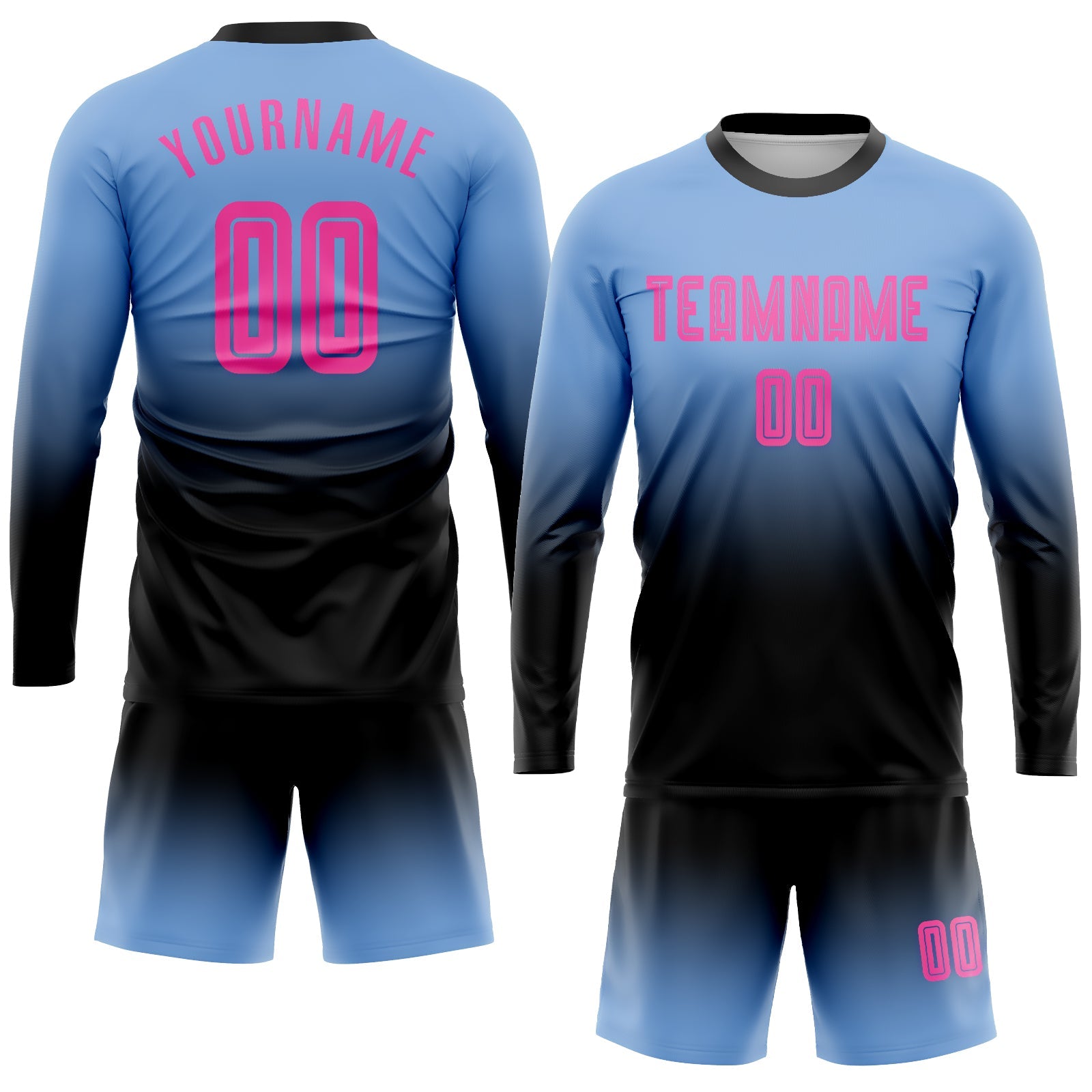 Custom Light Blue Pink-Black Sublimation Long Sleeve Fade Fashion Soccer Uniform Jersey