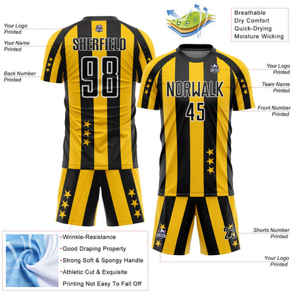 Custom Gold Black-White Stars And Stripes Sublimation Soccer Uniform Jersey