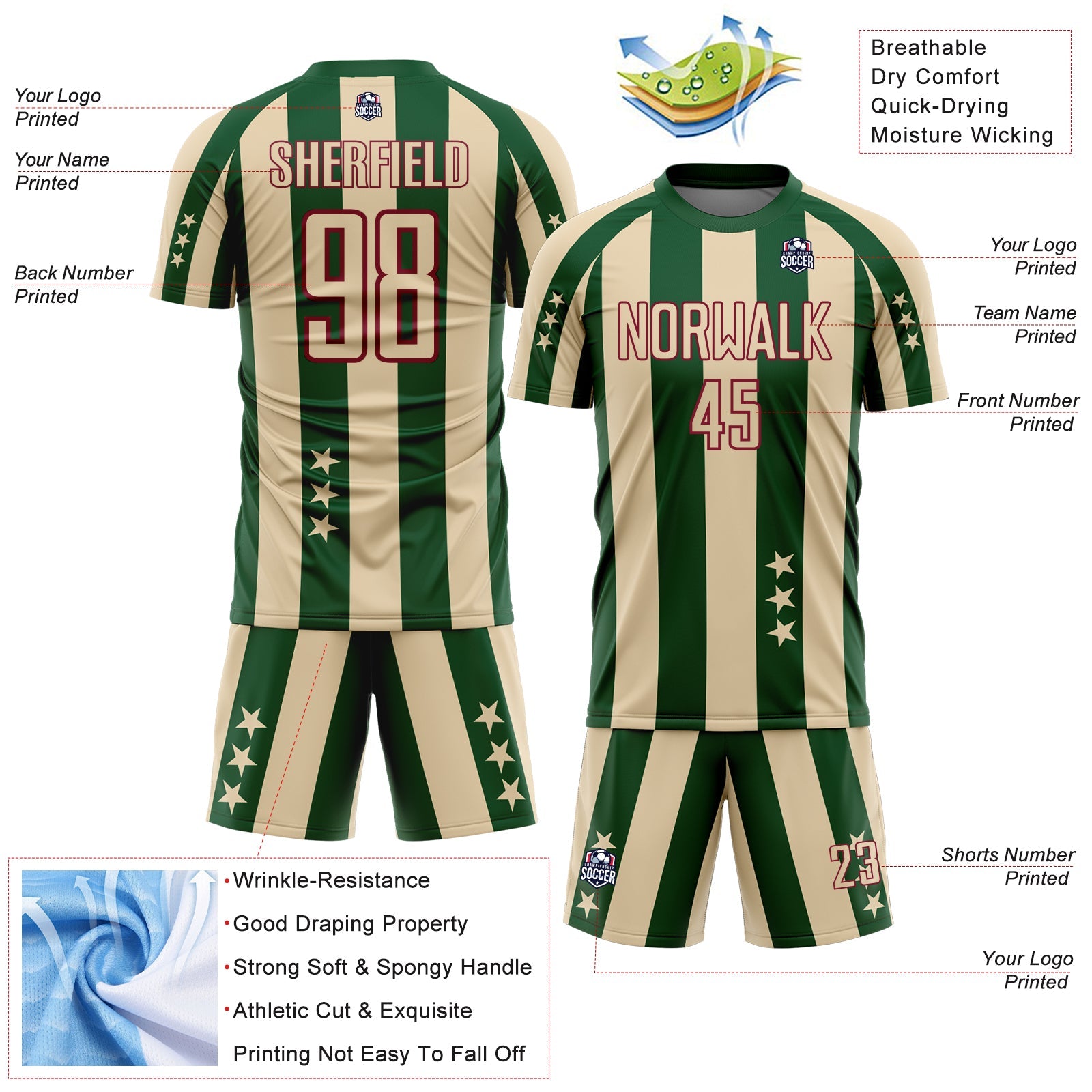 Custom City Cream Green-Crimson Stars And Stripes Sublimation Soccer Uniform Jersey